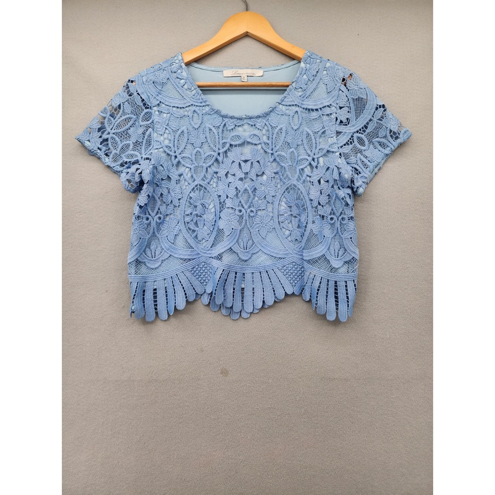 Lovers + Friends Blue Lace Crop Top Short Sleeve Scalloped Boho Blouse Medium
